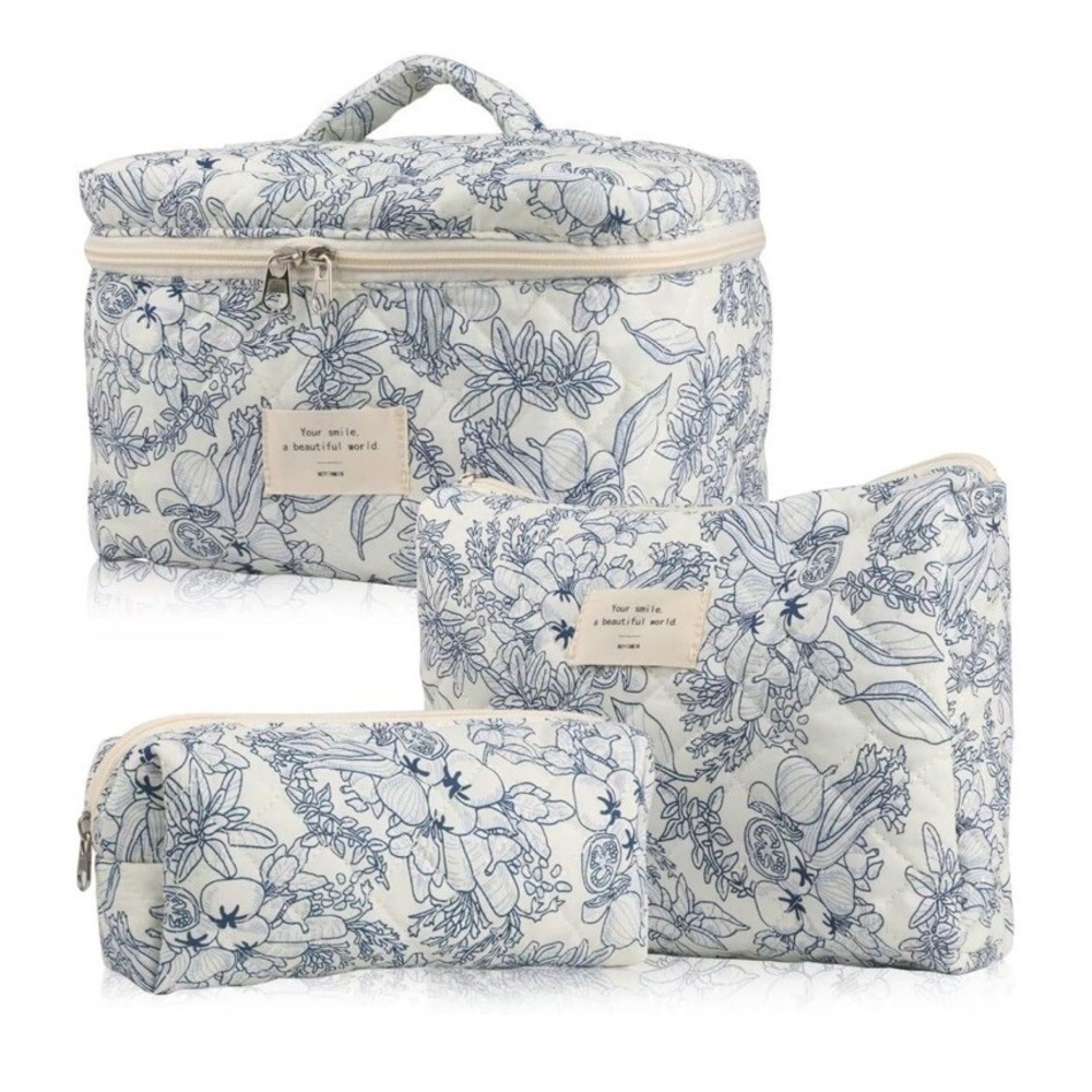 3 PCS Makeup Bag,Quilted Makeup Bag,Cosmetic Bag for Women,Floral Coquette Ae...